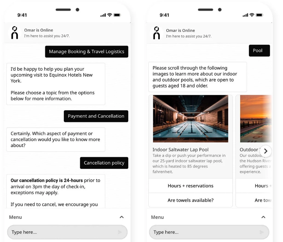 Screenshot of chatbot Omar of the Hotel Equinox in New York.